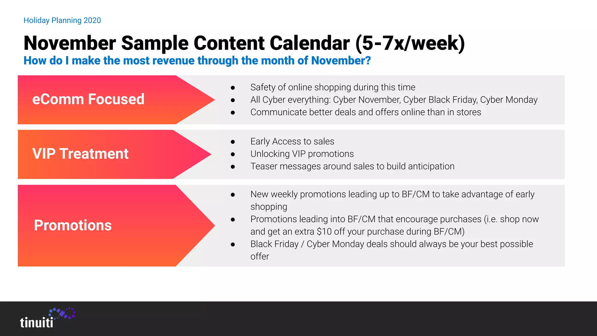 Holiday Planning 2020
November Sample Content Calendar (5-7x/week)
How do I make the most revenue through the month of November?
VIP Treatment
eComm Focused
Promotions
● New weekly promotions leading up to BF/CM to take advantage of early
shopping
● Promotions leading into BF/CM that encourage purchases (i.e. shop now
and get an extra $10 off your purchase during BF/CM)
● Black Friday / Cyber Monday deals should always be your best possible
offer
● Early Access to sales
● Unlocking VIP promotions
● Teaser messages around sales to build anticipation
● Safety of online shopping during this time
● All Cyber everything: Cyber November, Cyber Black Friday, Cyber Monday
● Communicate better deals and offers online than in stores
 