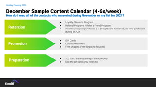 Holiday Planning 2020
December Sample Content Calendar (4-6x/week)
How do I keep all of the contacts who converted during November on my list for 2021?
Promotion
Retention
Preparation
● 2021 and the re-opening of the economy
● Use the gift cards you received
● Gift Cards
● Countdown timers
● Free Shipping (Free Shipping-focused)
● Loyalty /Rewards Program
● Referral Programs / Refer a Friend Program
● Incentivize repeat purchases (i.e. $10 gift card for individuals who purchased
during BF/CM
 