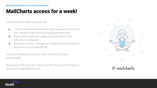 MailCharts access for a week!
MailCharts Business tier access for three days.
Use the MailChart Index to plan for Q4:
● 1,000s of ecommerce and online retail campaigns from 2019 to
plan calendars and promotions leading into November
● Build creative briefs with subject lines and creative from
100,000s of campaigns
● Keep tabs on trends, changes and updates across the world of
ecommerce as you lead into Q4.
If you have a MailCharts account—we’ll unlock your account
automatically!
Signing up is Free if you don’t—then send Tom an email and he’ll get you
sorted out: tom@mailcharts.com.
 