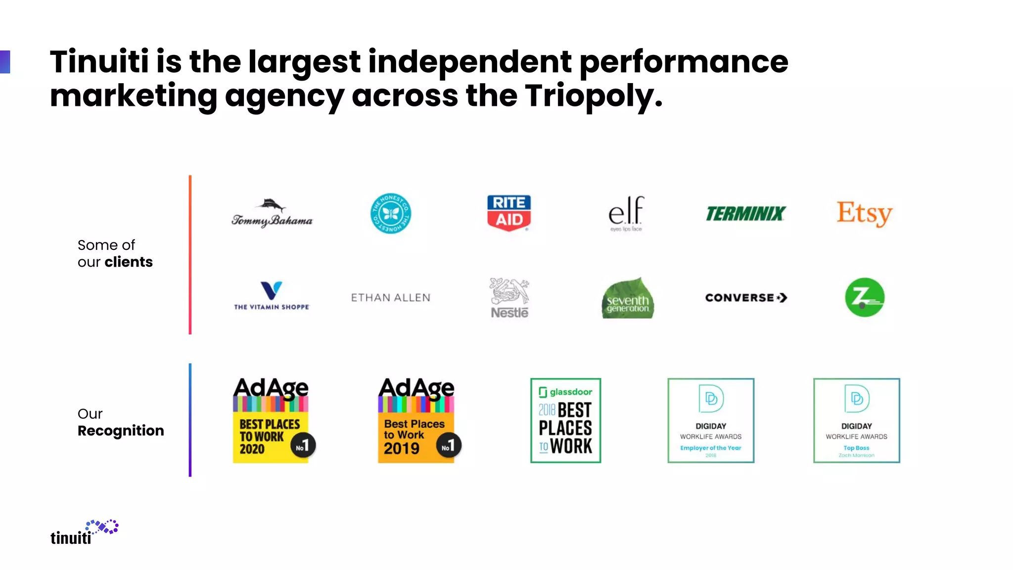 Some of
our clients
Our
Recognition
Tinuiti is the largest independent performance
marketing agency across the Triopoly.
 