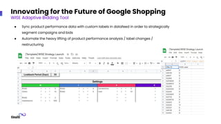 Innovating for the Future of Google Shopping
WISE Adaptive Bidding Tool
● Sync product performance data with custom labels in datafeed in order to strategically
segment campaigns and bids
● Automate the heavy lifting of product performance analysis / label changes /
restructuring
 