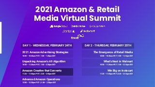 2021 Amazon & Retail
Media Virtual Summit
2021 Amazon Advertising Strategies
10:00 – 10:45am PST | 1:00 – 1:45pm EST
Unpacking Amazon’s A9 Algorithm
10:50 – 11:20am PST | 1:50 – 2:20pm EST
Amazon Creative that Converts
11:25 – 11:55pm PST | 2:25 – 2:55pm EST
Advanced Amazon Operations
12:00 – 12:30pm PST | 2:00 – 2:30pm EST
The Emergence of Retail Media
10:00 – 10:45am PST | 1:00 – 1:45pm EST
What’s Next in Walmart
10:50 – 11:20am PST | 1:50 – 2:20pm EST
Win Big on Instacart
11:25 – 11:55pm PST | 2:25 – 2:55pm EST
DAY 1 - WEDNESDAY, FEBRUARY 24TH DAY 2 - THURSDAY, FEBRUARY 25TH
 