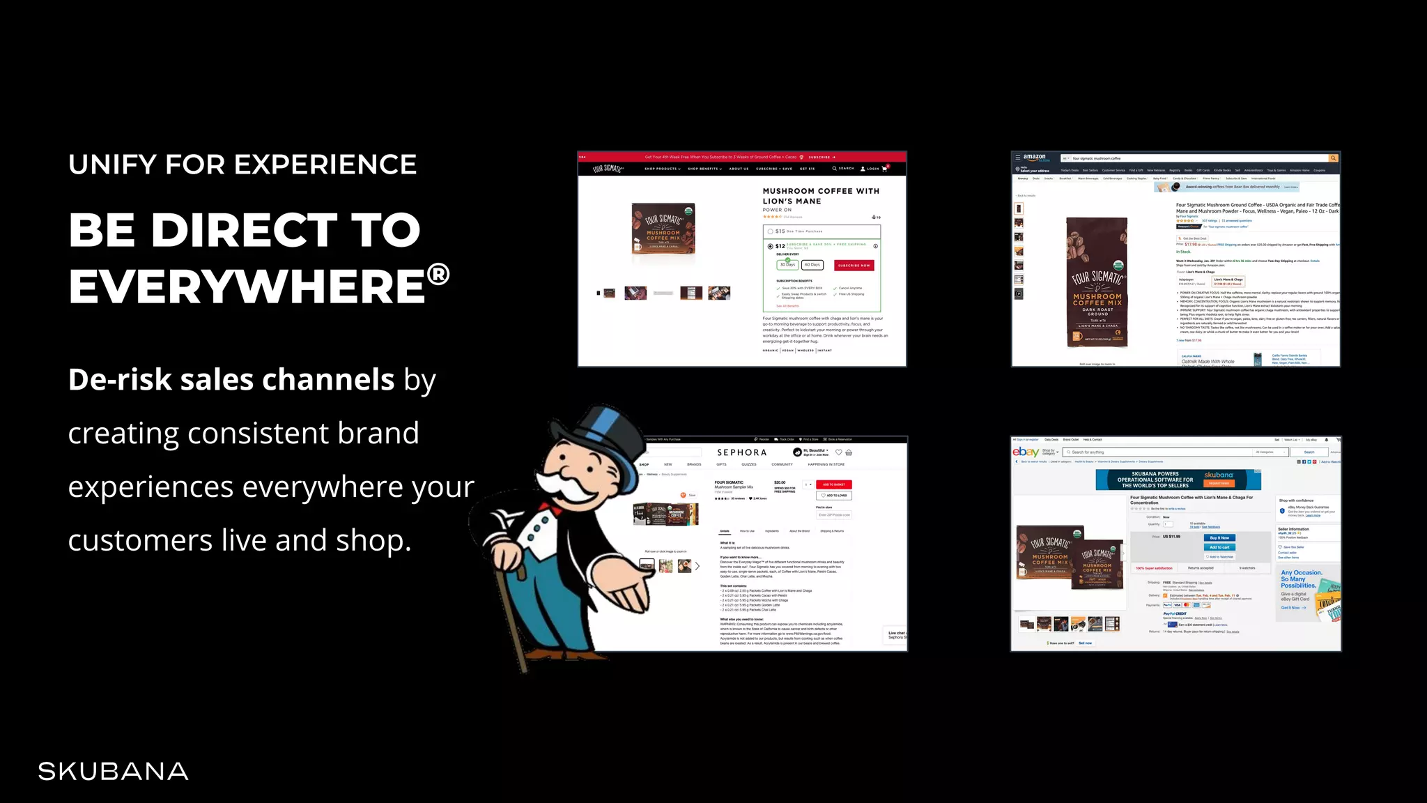 UNIFY FOR EXPERIENCE
BE DIRECT TO
EVERYWHERE®
De-risk sales channels by
creating consistent brand
experiences everywhere your
customers live and shop.
 