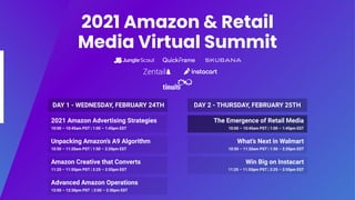 2021 Amazon & Retail
Media Virtual Summit
2021 Amazon Advertising Strategies
10:00 – 10:45am PST | 1:00 – 1:45pm EST
Unpacking Amazon’s A9 Algorithm
10:50 – 11:20am PST | 1:50 – 2:20pm EST
Amazon Creative that Converts
11:25 – 11:55pm PST | 2:25 – 2:55pm EST
Advanced Amazon Operations
12:00 – 12:30pm PST | 2:00 – 2:30pm EST
The Emergence of Retail Media
10:00 – 10:45am PST | 1:00 – 1:45pm EST
What’s Next in Walmart
10:50 – 11:20am PST | 1:50 – 2:20pm EST
Win Big on Instacart
11:25 – 11:55pm PST | 2:25 – 2:55pm EST
DAY 1 - WEDNESDAY, FEBRUARY 24TH DAY 2 - THURSDAY, FEBRUARY 25TH
 