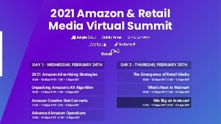 2021 Amazon & Retail
Media Virtual Summit
2021 Amazon Advertising Strategies
10:00 – 10:45am PST | 1:00 – 1:45pm EST
DAY 1 - WEDNESDAY, FEBRUARY 24TH
Unpacking Amazon’s A9 Algorithm
10:50 – 11:20am PST | 1:50 – 2:20pm EST
Amazon Creative that Converts
11:25 – 11:55pm PST | 2:25 – 2:55pm EST
Advanced Amazon Operations
12:00 – 12:30pm PST | 2:00 – 2:30pm EST
The Emergence of Retail Media
10:00 – 10:45am PST | 1:00 – 1:45pm EST
DAY 2 - THURSDAY, FEBRUARY 25TH
What’s Next in Walmart
10:50 – 11:20am PST | 1:50 – 2:20pm EST
Win Big on Instacart
11:25 – 11:55pm PST | 2:25 – 2:55pm EST
 
