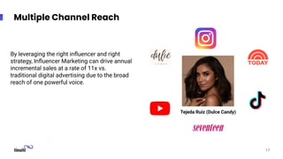 Multiple Channel Reach
17
By leveraging the right inﬂuencer and right
strategy, Inﬂuencer Marketing can drive annual
incremental sales at a rate of 11x vs.
traditional digital advertising due to the broad
reach of one powerful voice.
Tejeda Ruiz (Dulce Candy)
 