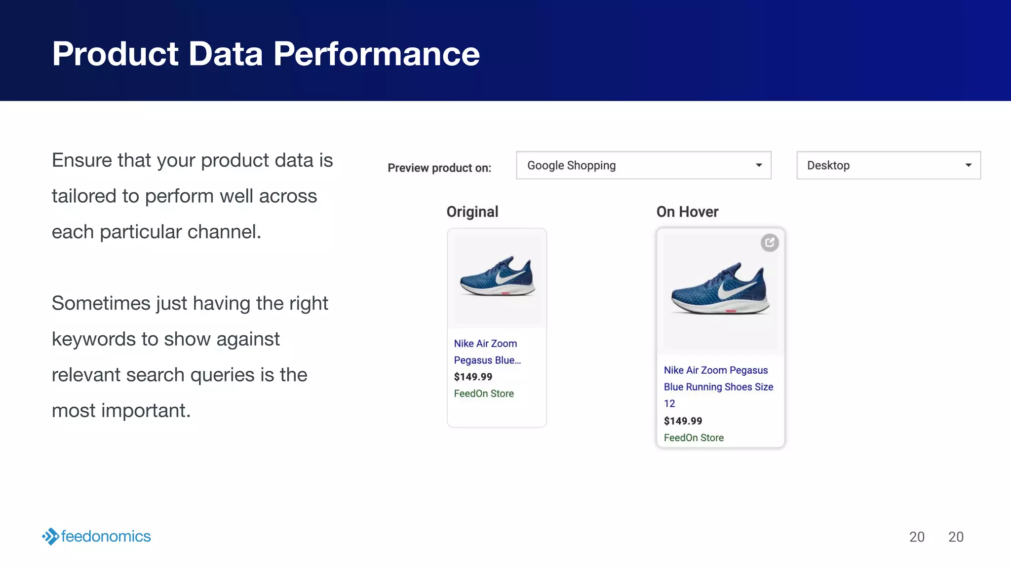 20
Ensure that your product data is
tailored to perform well across
each particular channel.
Sometimes just having the right
keywords to show against
relevant search queries is the
most important.
Product Data Performance
20
 