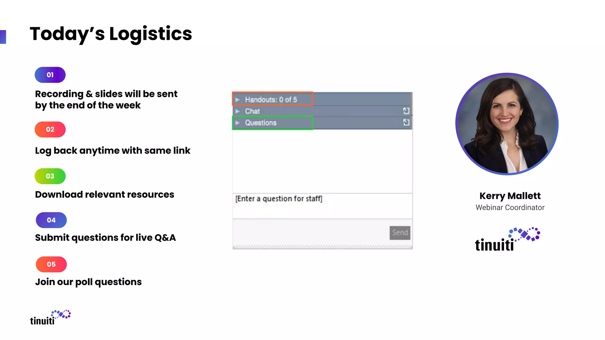 Today’s Logistics
Kerry Mallett
Webinar Coordinator
Recording & slides will be sent
by the end of the week
01
Submit questions for live Q&A
04
03
Download relevant resources
Log back anytime with same link
02
02
Join our poll questions
05
 