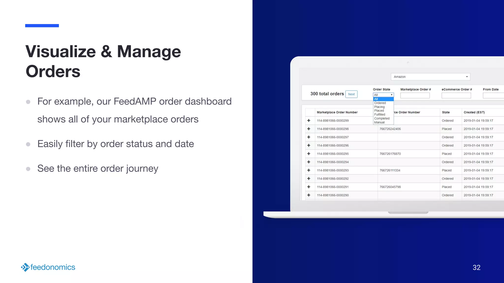 32
Visualize & Manage
Orders
● For example, our FeedAMP order dashboard
shows all of your marketplace orders
● Easily ﬁlter by order status and date
● See the entire order journey
 