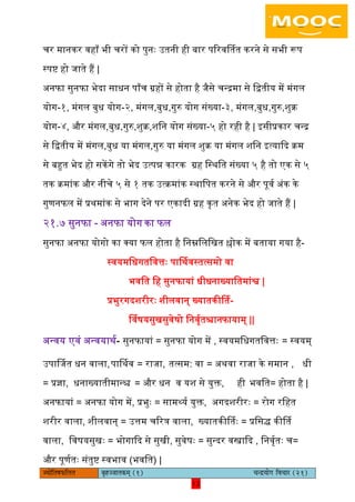 12pÙeesefle<eHeâefuele ye=nppeelekeâced (1) ÛevõÙeesie efJeÛeej (21)
12
चर मानकर वहााँ भी चरों को पुनैः उतनी ही बार पररवर्ततत करने से सभी रूप
स्पष्ट हो जाते हैं |
अनफा सुनफा भेदा साधन पााँच ग्रहों से होता है जैसे चन्रमा से िद्वतीय में मंगि
योग-१, मंगि बुध योग-२, मंगि,बुध,गुरु योग संख्या-३, मंगि,बुध,गुरु,शुक्र
योग-४, और मंगि,बुध,गुरु,शुक्र,शिन योग संख्या-५ हो रही है | इसीप्रकार चन्र
से िद्वतीय में मंगि,बुध या मंगि,गुरु या मंगि शुक्र या मंगि शिन इत्याकद क्रम
से बहुत भेद हो सकेंगे तो भेद उत्पन्न कारक ग्रह िस्थित संख्या ५ है तो एक से ५
तक क्रमांक और नीचे ५ से १ तक उत्क्रमांक स्थािपत करने से और पूवय अंक के
गुणनफि में प्रथमांक से भाग देने पर एकादी ग्रह कृत अनेक भेद हो जाते हैं |
२१.७ सुनफा - अनफा योग का फि
सुनफा अनफा योगो का लया फि होता है िनम्निििखत श्लोक में बताया गया है-
स्वयमिधगतिवत्तैः पार्तथवस्तत्समो वा
भवित िह सुनफायां धीधनाख्याितमांश्व |
प्रभुरगदशरीरैः शीिवान् ख्यातकीर्तत-
र्तवषयसुखसुवेषो िनवृयतश्चानफायाम् ||
अन्वय एवं अन्वयाथय- सुनफायां = सुनफा योग में , स्वयमिधगतिवत्तैः = स्वयम्
उपार्तजत धन वािा,पार्तथव = राजा, तत्सम: वा = अथवा राजा के समान , धी
= प्रज्ञा, धनाख्यातीमान्श्च = और धन व यश से युक्त, ही भवित= होता है |
अनफायां = अनफा योग में, प्रभुैः = सामर्थयय युक्त, अगदशरीरैः = रोग रिहत
शरीर वािा, शीिवान् = उत्तम चररत्र वािा, ख्यातकीर्ततैः = प्रिसि कीर्तत
वािा, िवषयसुखैः = भोगाकद से सुखी, सुवेषैः = सुन्दर वस्त्राकद , िनवृयतैः च=
और पूणयतैः संतुष्ट स्वभाव (भवित) |
 