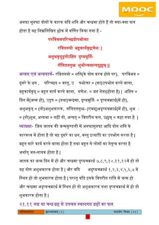 15pÙeesefle<eHeâefuele ye=nppeelekeâced (1) ÛevõÙeesie efJeÛeej (21)
15
अनफा सुनफा योगों के कारक यकद शिन और चन्रमा होते हैं तो लया-लया फि
होता है यह िनम्निििखत श्लोक में वर्तणत ककया गया है -
परिवभवपररच्छदोपभोक्ता
रिवतनयो बहुकाययकृद्गणेशैः |
अशुभकृदुडुपोऽिनन दृष्यमुर्तत-
गयििततनुश्च शुभोन्यथान्यदूह्यम् ||
अन्वय एवं अन्वयाथय- रिवतनयो = शिन(के योग करक होने पर), परिवभव =
दूसरे के धन , पररच्छद = वस्तु, उ पभोक्ता = (का)उपभोग करने वािा,
बहुकाययकृद् = बहुत कायय करने वािा, गणेशैः = जन नेता(होता है) | अिनन =
कदन में(जन्म हो), उडुप = (तथा)चन्रमा, दृष्यमूर्ततैः = दृष्यचक्राधय(में हो),
अशुभकृत् = (तो)अशुभकारक, गििततनुश्च- (एवम्)अदृष्यचक्राधय(में हो), शुभ ∶
= (तो)शुभ, अन्यथा = नहीं तो, अन्यत् = िवपरीत फि, उह्यम् = कहा गया है |
व्याख्या- िजस जातक की जन्मकुण्डिी में अनफासुनफा आकद योग शिन के
कारकत्व में होता है तो वह दूसरे का धन, वस्तु इत्याकद का उपभोग करता है |
बहुत सारे कायय करने वािा होता है तथा बहुत से िोगों का नेतृत्व करता है
अथायत् जन-नायक होता है |
जातक का जन्म कदन में हो और चन्रमा दृष्यचक्राधय ७,८,९,१०,११,१२वें हो तो
यह योग अशुभकारक होता है | और यकद अदृष्यचक्राधय १,२,३,४,५,६,७ वें
िस्थत हो तो शुभकारक होता है | परन्तु यकद इसके िवपरीत राित्र में जन्म हो
और चन्रमा अदृष्यचक्राधय में िस्थत हो तो अशुभकारक तथा दृष्यचक्राधय में हो तो
शुभकारक होता है |
२१.११ िग्न या चन्र ग्रह से उपचय स्थानगत ग्रहों का फि
 