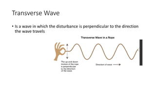 Transverse Wave
• Is a wave in which the disturbance is perpendicular to the direction
the wave travels
 