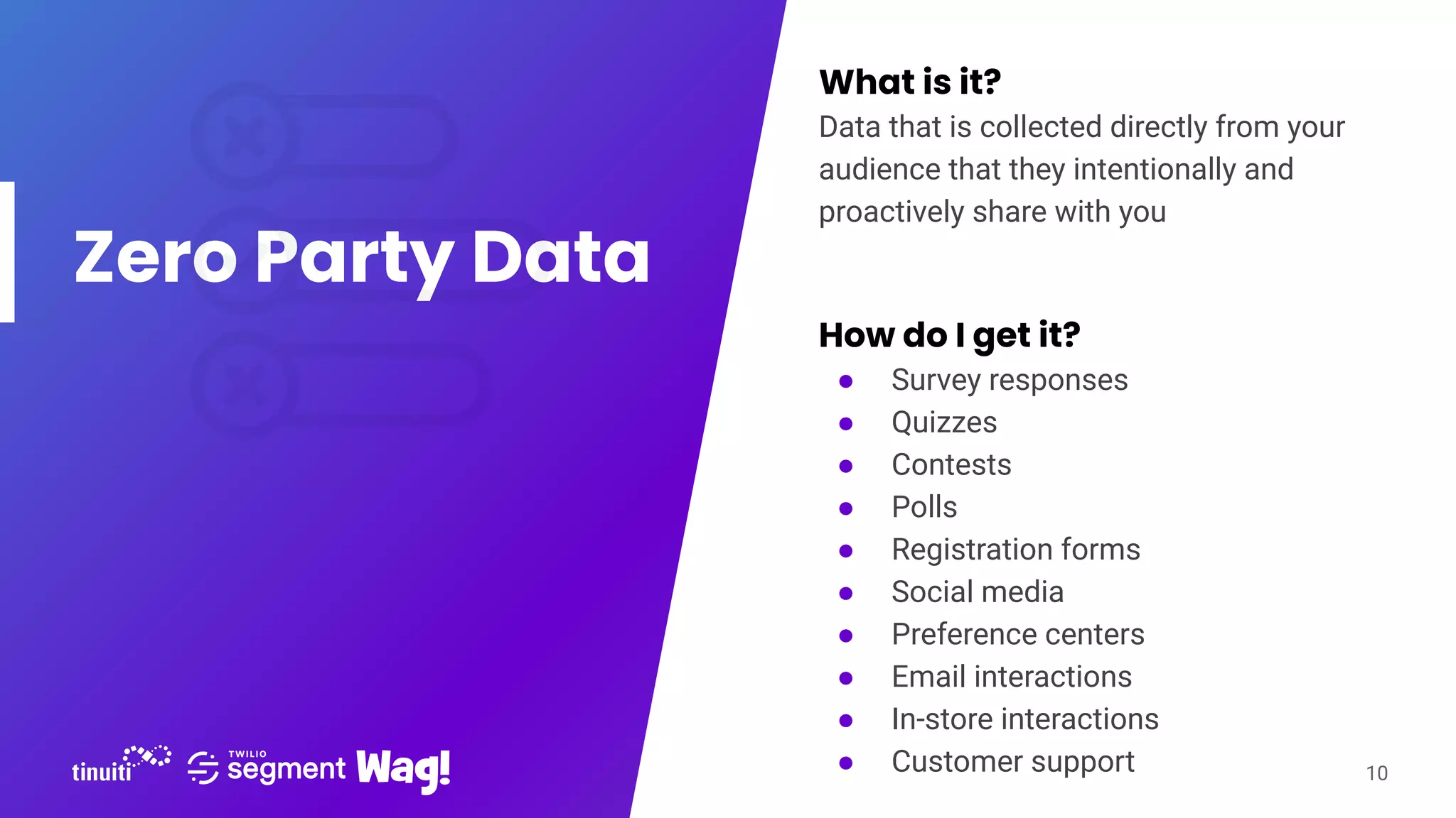 Zero Party Data
What is it?
Data that is collected directly from your
audience that they intentionally and
proactively share with you
How do I get it?
● Survey responses
● Quizzes
● Contests
● Polls
● Registration forms
● Social media
● Preference centers
● Email interactions
● In-store interactions
● Customer support 10
 