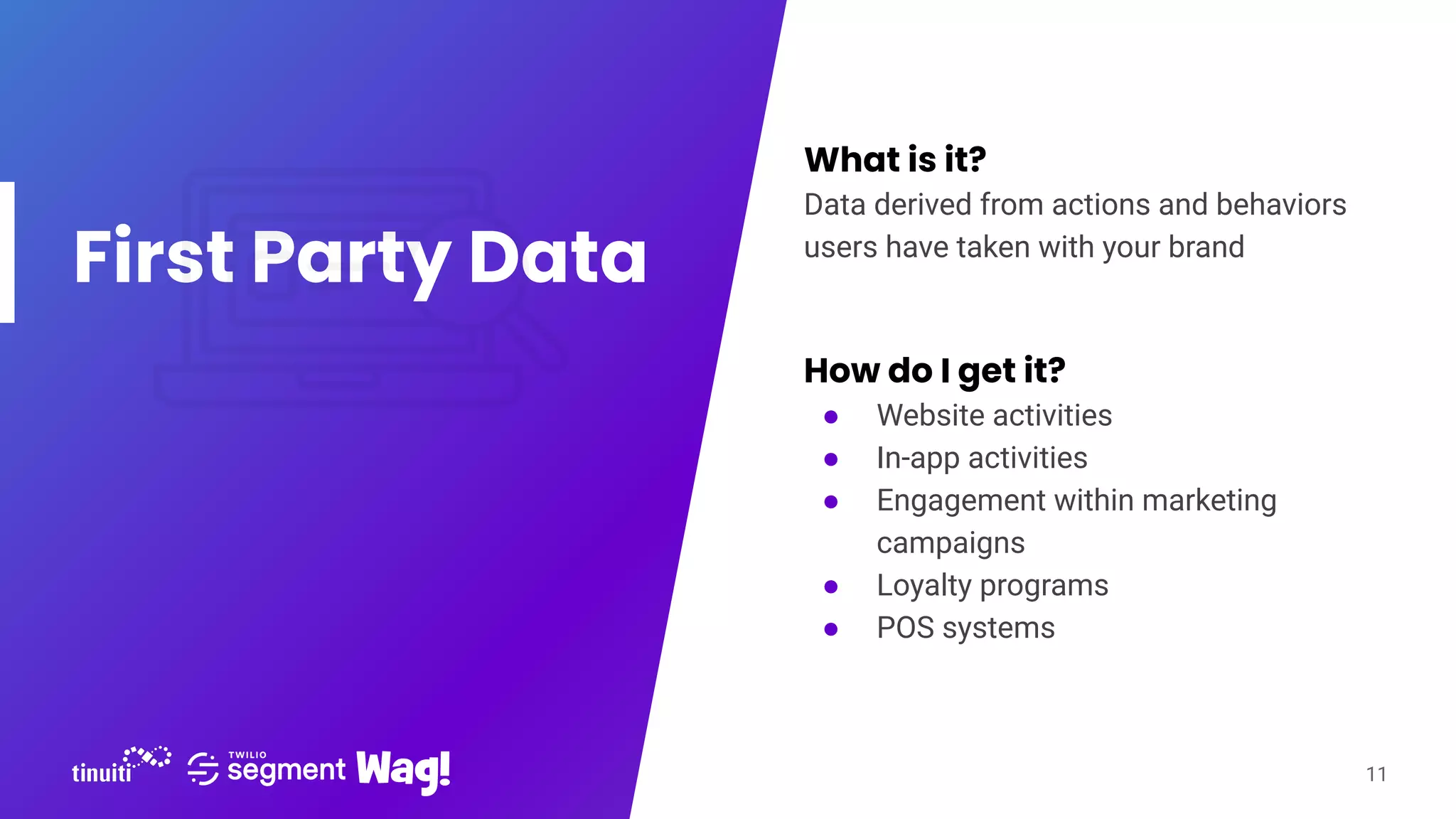 First Party Data
What is it?
Data derived from actions and behaviors
users have taken with your brand
How do I get it?
● Website activities
● In-app activities
● Engagement within marketing
campaigns
● Loyalty programs
● POS systems
11
 