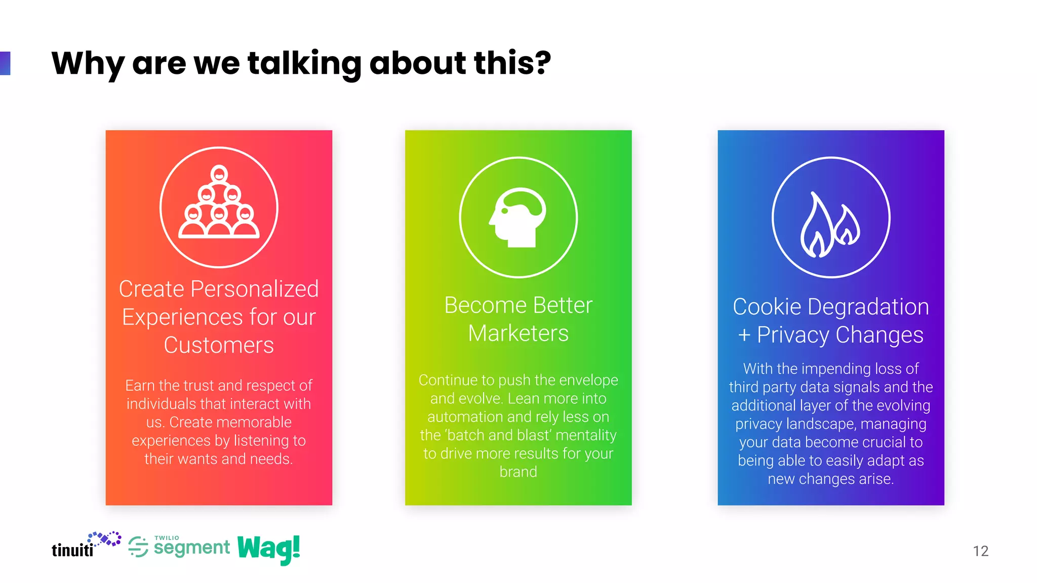 Why are we talking about this?
12
Create Personalized
Experiences for our
Customers
Earn the trust and respect of
individuals that interact with
us. Create memorable
experiences by listening to
their wants and needs.
Become Better
Marketers
Continue to push the envelope
and evolve. Lean more into
automation and rely less on
the ‘batch and blast’ mentality
to drive more results for your
brand
Cookie Degradation
+ Privacy Changes
With the impending loss of
third party data signals and the
additional layer of the evolving
privacy landscape, managing
your data become crucial to
being able to easily adapt as
new changes arise.
 