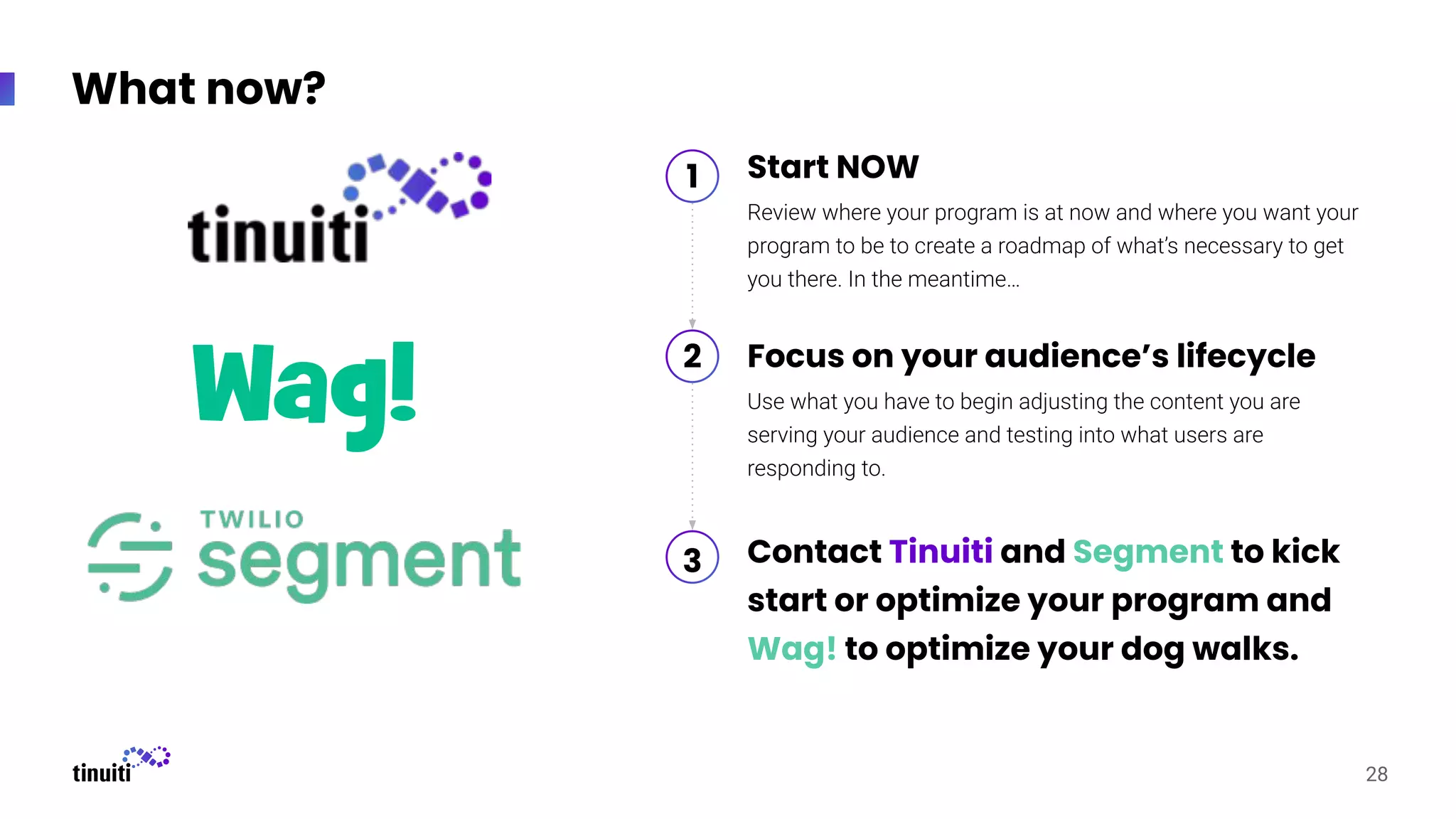28
What now?
Start NOW
Review where your program is at now and where you want your
program to be to create a roadmap of what’s necessary to get
you there. In the meantime…
Focus on your audience’s lifecycle
Use what you have to begin adjusting the content you are
serving your audience and testing into what users are
responding to.
Contact Tinuiti and Segment to kick
start or optimize your program and
Wag! to optimize your dog walks.
1
2
3
 