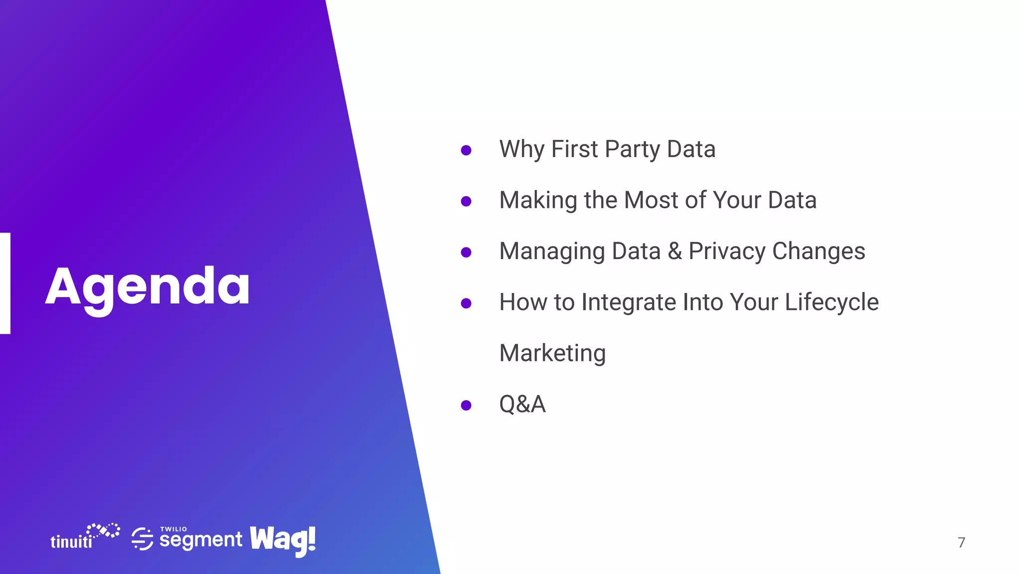 Agenda
● Why First Party Data
● Making the Most of Your Data
● Managing Data & Privacy Changes
● How to Integrate Into Your Lifecycle
Marketing
● Q&A
7
 