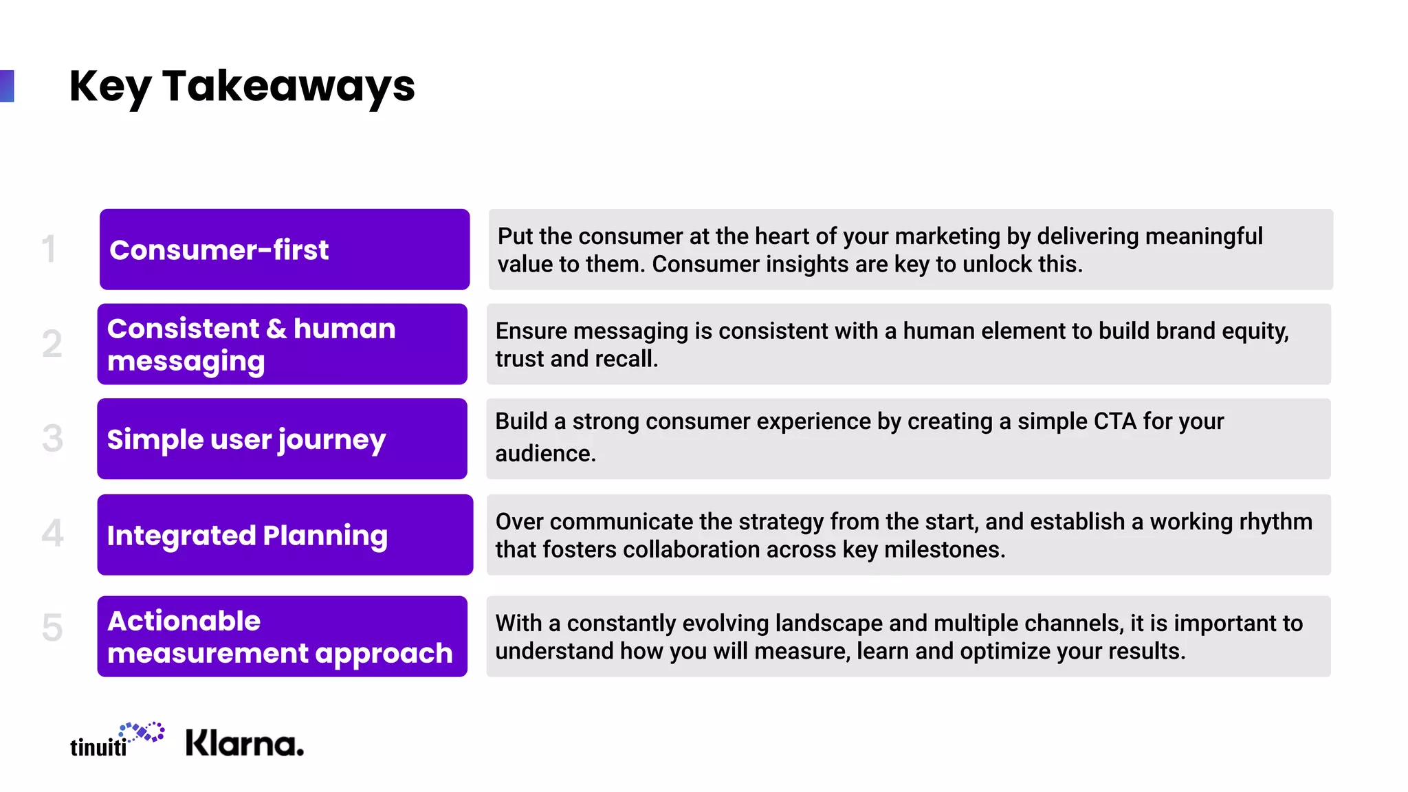 Key Takeaways
Put the consumer at the heart of your marketing by delivering meaningful
value to them. Consumer insights are key to unlock this.
Ensure messaging is consistent with a human element to build brand equity,
trust and recall.
Build a strong consumer experience by creating a simple CTA for your
audience.
With a constantly evolving landscape and multiple channels, it is important to
understand how you will measure, learn and optimize your results.
Over communicate the strategy from the start, and establish a working rhythm
that fosters collaboration across key milestones.
Consumer-first
Consistent & human
messaging
Simple user journey
Actionable
measurement approach
Integrated Planning
1
2
3
4
5
 