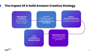 The Impact Of A Solid Amazon Creative Strategy
15
Provide an
outstanding branded
experience that
builds credibility, trust
and interest
Stand out from
competitors
and gain greater
share of voice and
share of wallet
Maximize the value
of your marketing
spend and generate
greater ROI
Help
increase
conversions and
increase revenue
Build an
emotional connection
while demonstrating utility
and value to consumers
 
