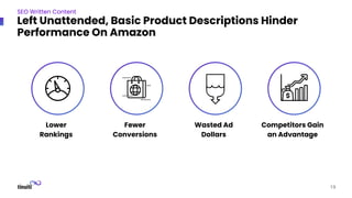 19
Lower
Rankings
Fewer
Conversions
Wasted Ad
Dollars
Competitors Gain
an Advantage
SEO Written Content
Left Unattended, Basic Product Descriptions Hinder
Performance On Amazon
 