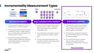 GEO MATCH MARKET GEO / AUDIENCE SPLIT MARKET SYNTHETIC CONTROL
Incrementality Measurement Types
● In this measurement appr...