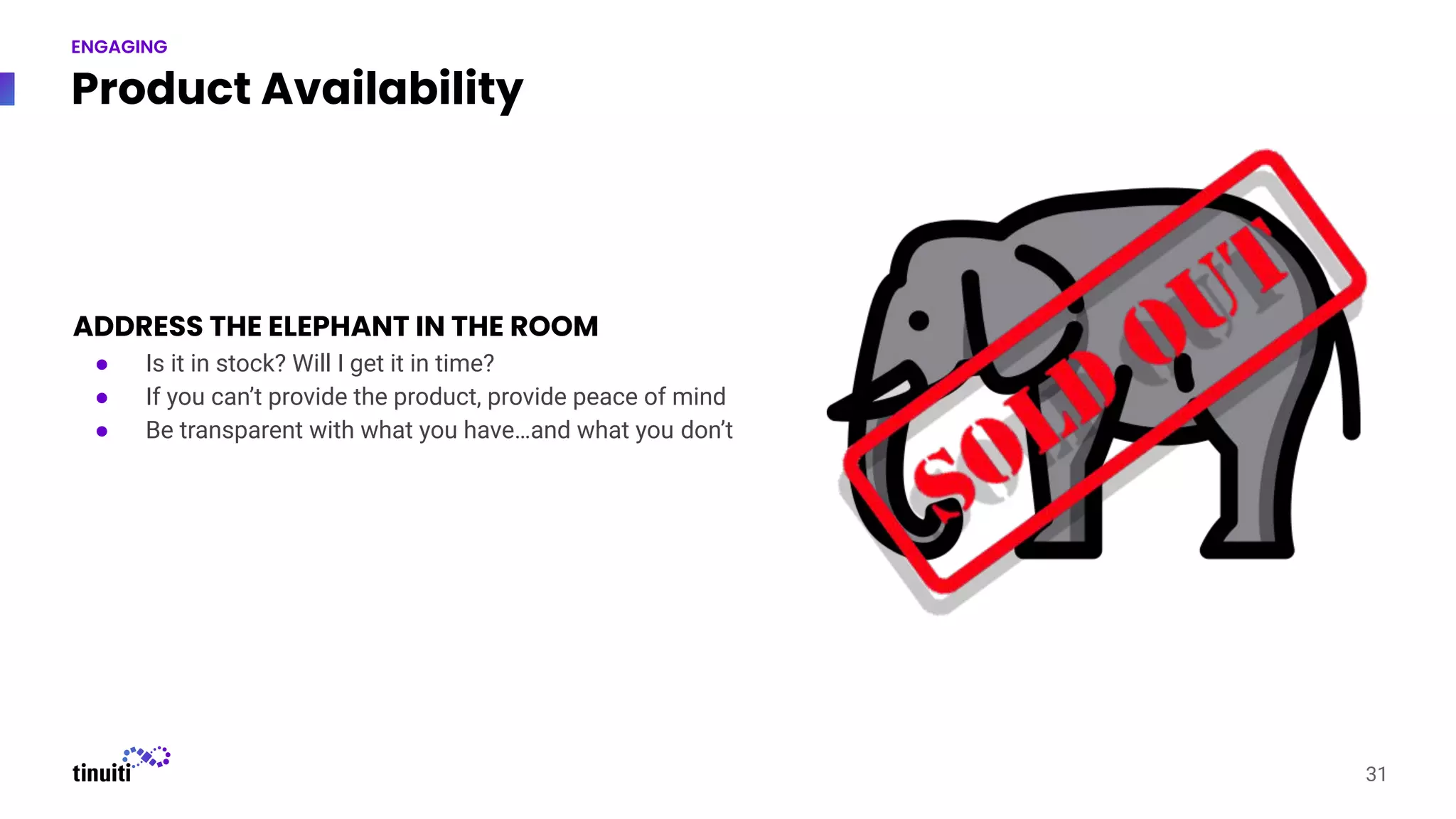 Product Availability
31
ENGAGING
ADDRESS THE ELEPHANT IN THE ROOM
● Is it in stock? Will I get it in time?
● If you can’t provide the product, provide peace of mind
● Be transparent with what you have…and what you don’t
 