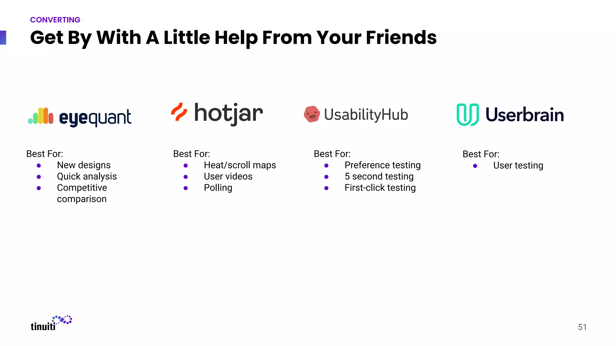 Get By With A Little Help From Your Friends
51
CONVERTING
Best For:
● New designs
● Quick analysis
● Competitive
comparison
Best For:
● Heat/scroll maps
● User videos
● Polling
Best For:
● Preference testing
● 5 second testing
● First-click testing
Best For:
● User testing
 