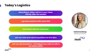 Today’s Logistics
Katherine Bishop
Marketing Coordinator
Recording & slides will be in your inbox
shortly after the session
Download relevant resources
Join our chat and submit questions for live Q&A
Log back anytime with same link
Join our poll questions - including if you want to talk to
our teams after!
2
 