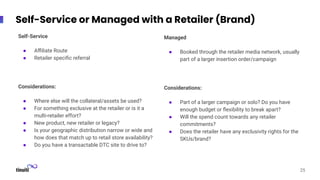 Self-Service or Managed with a Retailer (Brand)
Self-Service
● Aﬃliate Route
● Retailer speciﬁc referral
Considerations:
● Where else will the collateral/assets be used?
● For something exclusive at the retailer or is it a
multi-retailer effort?
● New product, new retailer or legacy?
● Is your geographic distribution narrow or wide and
how does that match up to retail store availability?
● Do you have a transactable DTC site to drive to?
Managed
● Booked through the retailer media network, usually
part of a larger insertion order/campaign
Considerations:
● Part of a larger campaign or solo? Do you have
enough budget or ﬂexibility to break apart?
● Will the spend count towards any retailer
commitments?
● Does the retailer have any exclusivity rights for the
SKUs/brand?
25
 
