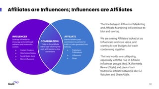 Affiliates are Influencers; Influencers are Affiliates
The line between Inﬂuencer Marketing
and Aﬃliate Marketing will continue to
blur and overlap.
We are seeing Aﬃliates looked at as
Inﬂuencers and vice versa, and
starting to see budgets for each
condensing together.
The two worlds are collapsing,
especially with the rise of Aﬃliate
Inﬂuencer groups like LTK (formerly
RewardStyle) and pivots from
traditional aﬃliate networks like CJ,
Rakuten and ShareASale.
INFLUENCER
Leverage Inﬂuential to
encourage actions through
authentic and trustworthy
content.
● Content Creators
● Web Celebs/Celebs
● Social Media Stars
● Micro-Inﬂuencers
AFFILIATE
Brands/retailers pays
commission to partners for
traﬃc or sales generated from
referrals.
● Publishers/
Publications
● Inﬂuencers
● Blogs
COMBINATION
Folks on Social Media
with a loyal following that
work with brands to drive
conversions.
30
 
