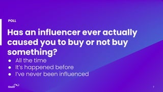 Has an influencer ever actually
caused you to buy or not buy
something?
● All the time
● It’s happened before
● I’ve never been influenced
POLL
7
 