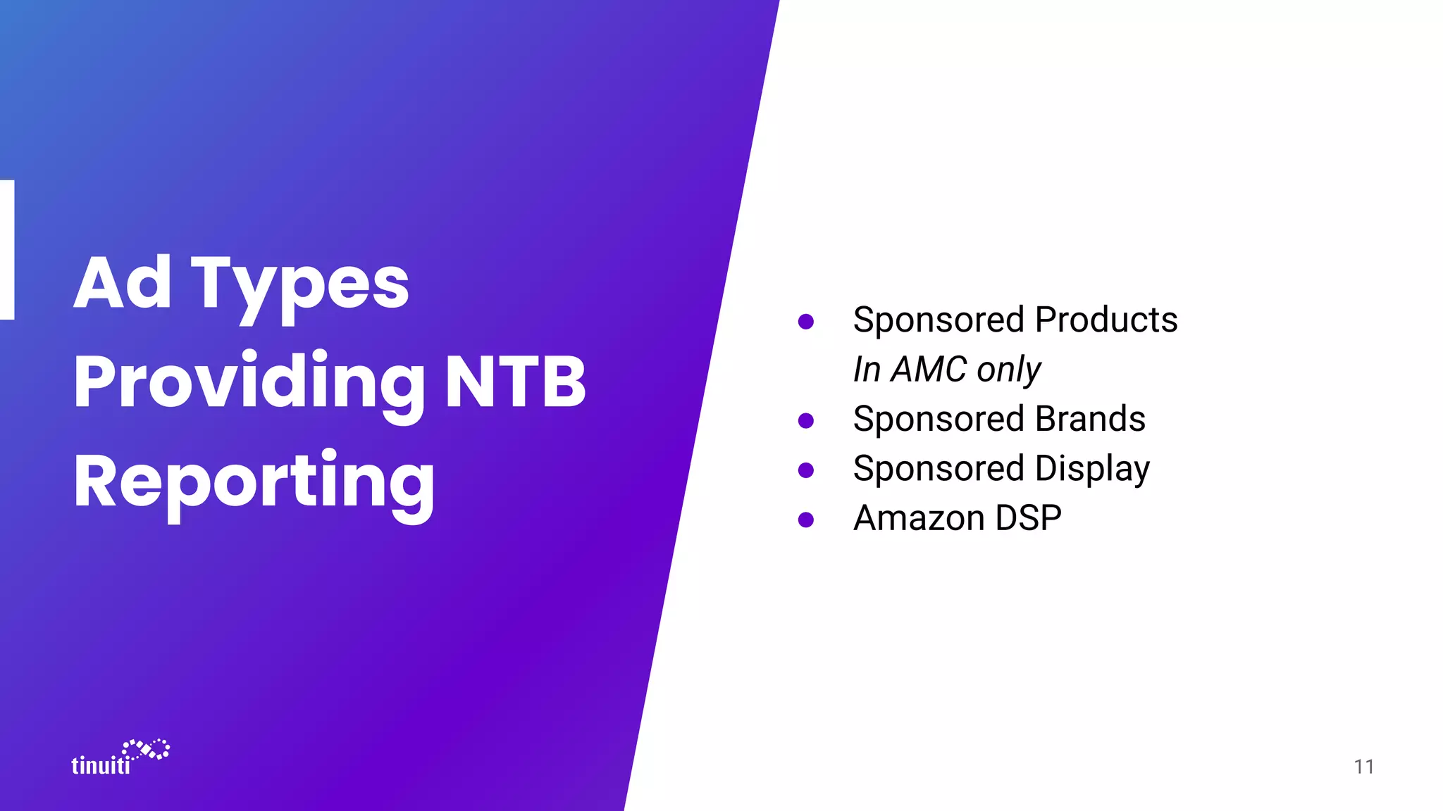Ad Types
Providing NTB
Reporting
● Sponsored Products
In AMC only
● Sponsored Brands
● Sponsored Display
● Amazon DSP
11
 
