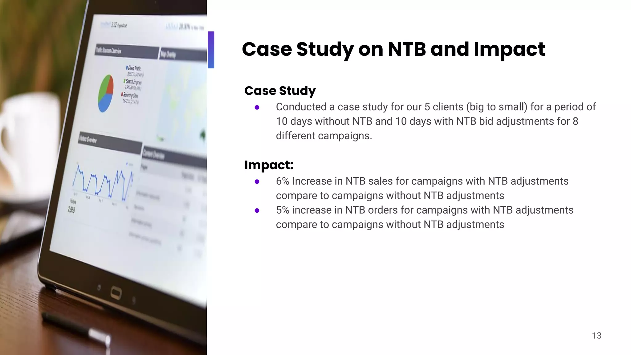 Case Study on NTB and Impact
Case Study
● Conducted a case study for our 5 clients (big to small) for a period of
10 days without NTB and 10 days with NTB bid adjustments for 8
different campaigns.
Impact:
● 6% Increase in NTB sales for campaigns with NTB adjustments
compare to campaigns without NTB adjustments
● 5% increase in NTB orders for campaigns with NTB adjustments
compare to campaigns without NTB adjustments
13
 