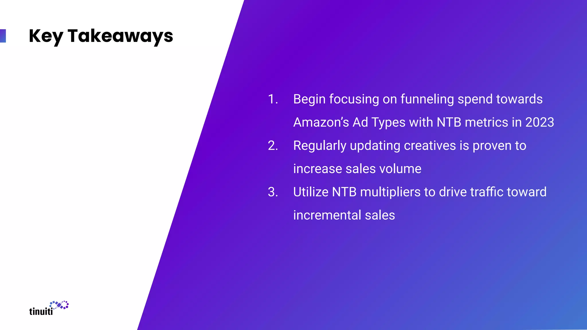 Key Takeaways
1. Begin focusing on funneling spend towards
Amazon’s Ad Types with NTB metrics in 2023
2. Regularly updating creatives is proven to
increase sales volume
3. Utilize NTB multipliers to drive traﬃc toward
incremental sales
 