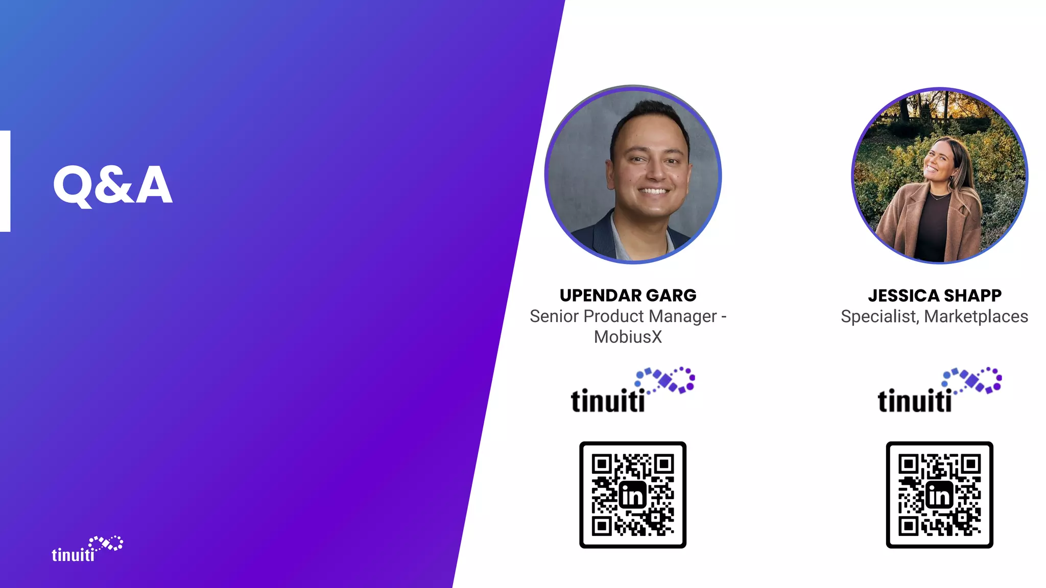 Q&A
UPENDAR GARG
Senior Product Manager -
MobiusX
JESSICA SHAPP
Specialist, Marketplaces
 