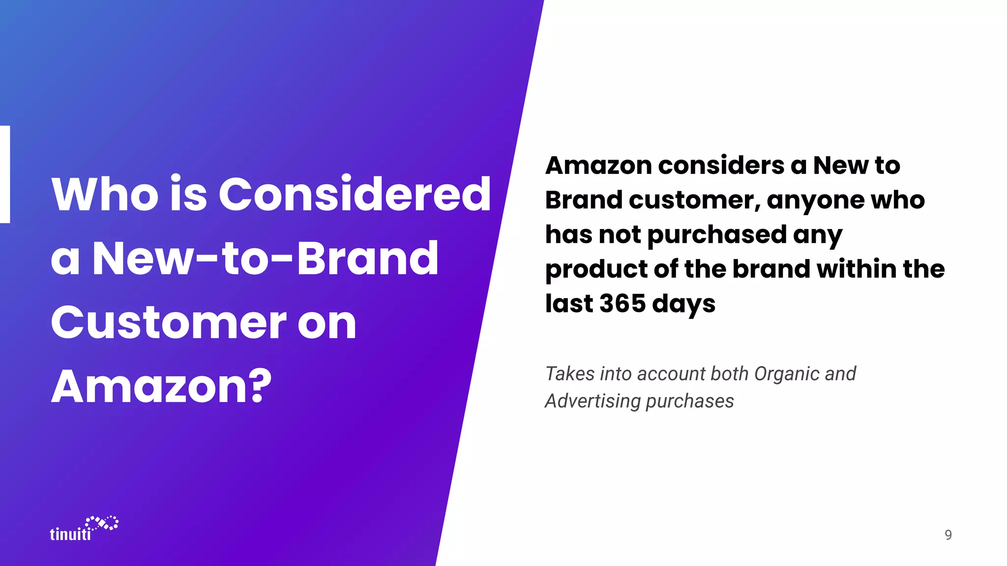Who is Considered
a New-to-Brand
Customer on
Amazon?
Amazon considers a New to
Brand customer, anyone who
has not purchased any
product of the brand within the
last 365 days
Takes into account both Organic and
Advertising purchases
9
 