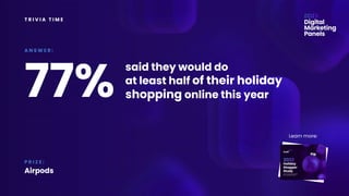 T R I V I A T I M E
said they would do
at least half of their holiday
shopping online this year
A N S W E R :
P R I Z E :
Airpods
77%
Learn more:
 
