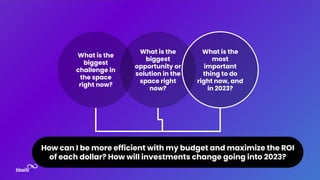 What is the
biggest
opportunity or
solution in the
space right
now?
What is the
most
important
thing to do
right now, and
...