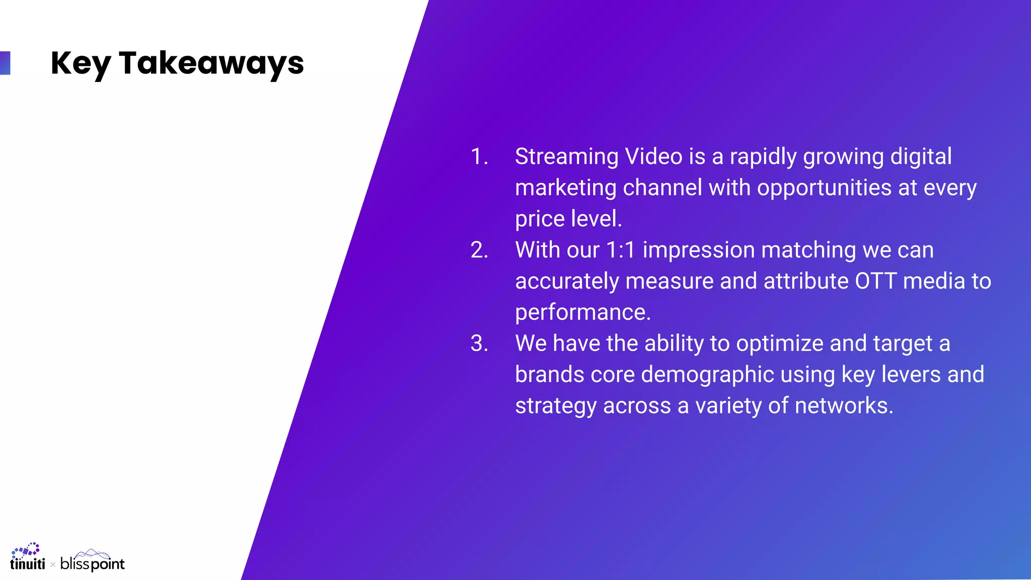 Key Takeaways
1. Streaming Video is a rapidly growing digital
marketing channel with opportunities at every
price level.
2. With our 1:1 impression matching we can
accurately measure and attribute OTT media to
performance.
3. We have the ability to optimize and target a
brands core demographic using key levers and
strategy across a variety of networks.
 