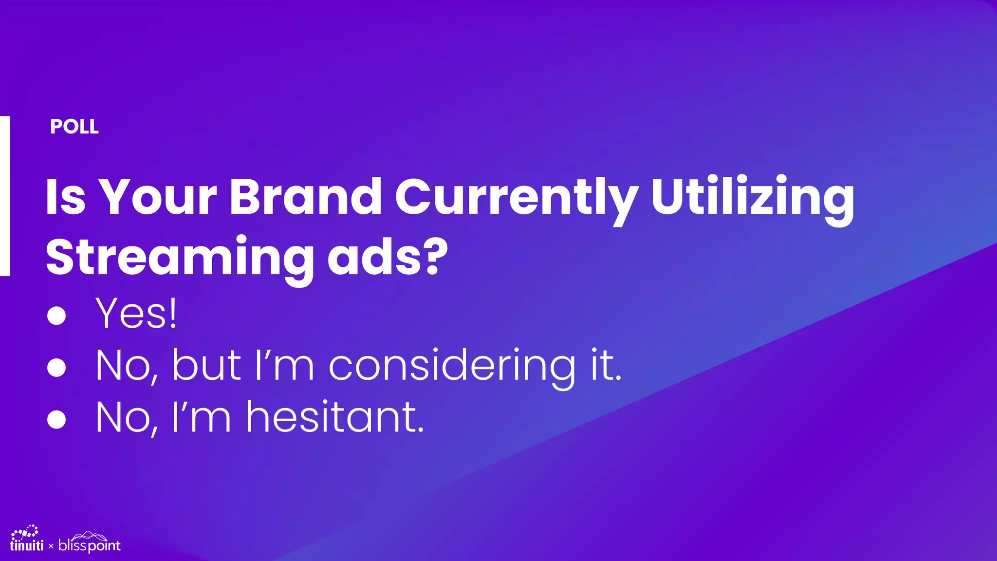 Is Your Brand Currently Utilizing
Streaming ads?
● Yes!
● No, but I’m considering it.
● No, I’m hesitant.
POLL
 