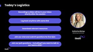 Today’s Logistics
Recording & slides will be in your inbox
shortly after the session
Download relevant resources
Join our chat and submit questions for live Q&A
Log back anytime with same link
Join our poll questions - including if you want to talk to
our teams after!
Katherine Bishop
Marketing Coordinator
 