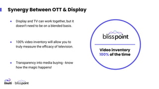 Synergy Between OTT & Display
● Display and TV can work together, but it
doesn’t need to be on a blended basis.
● 100% video inventory will allow you to
truly measure the eﬃcacy of television.
● Transparency into media buying - know
how the magic happens!
Video inventory
100% of the time
 