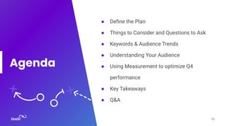 Agenda
● Deﬁne the Plan
● Things to Consider and Questions to Ask
● Keywords & Audience Trends
● Understanding Your Audience
● Using Measurement to optimize Q4
performance
● Key Takeaways
● Q&A
10
 