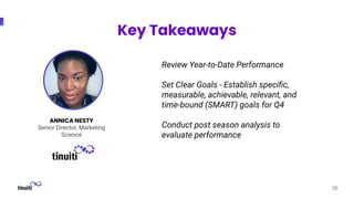 28
ANNICA NESTY
Senior Director, Marketing
Science
Key Takeaways
Review Year-to-Date Performance
Set Clear Goals - Establish speciﬁc,
measurable, achievable, relevant, and
time-bound (SMART) goals for Q4
Conduct post season analysis to
evaluate performance
 