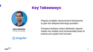 30
ERAN FRIEDMAN
CTO & Co-Founder
Key Takeaways
Prepare multiple measurement frameworks
to gain the deepest learnings possible -
Compare between direct attribution reports,
media mix models and incrementality tests to
assess your goals and success
 