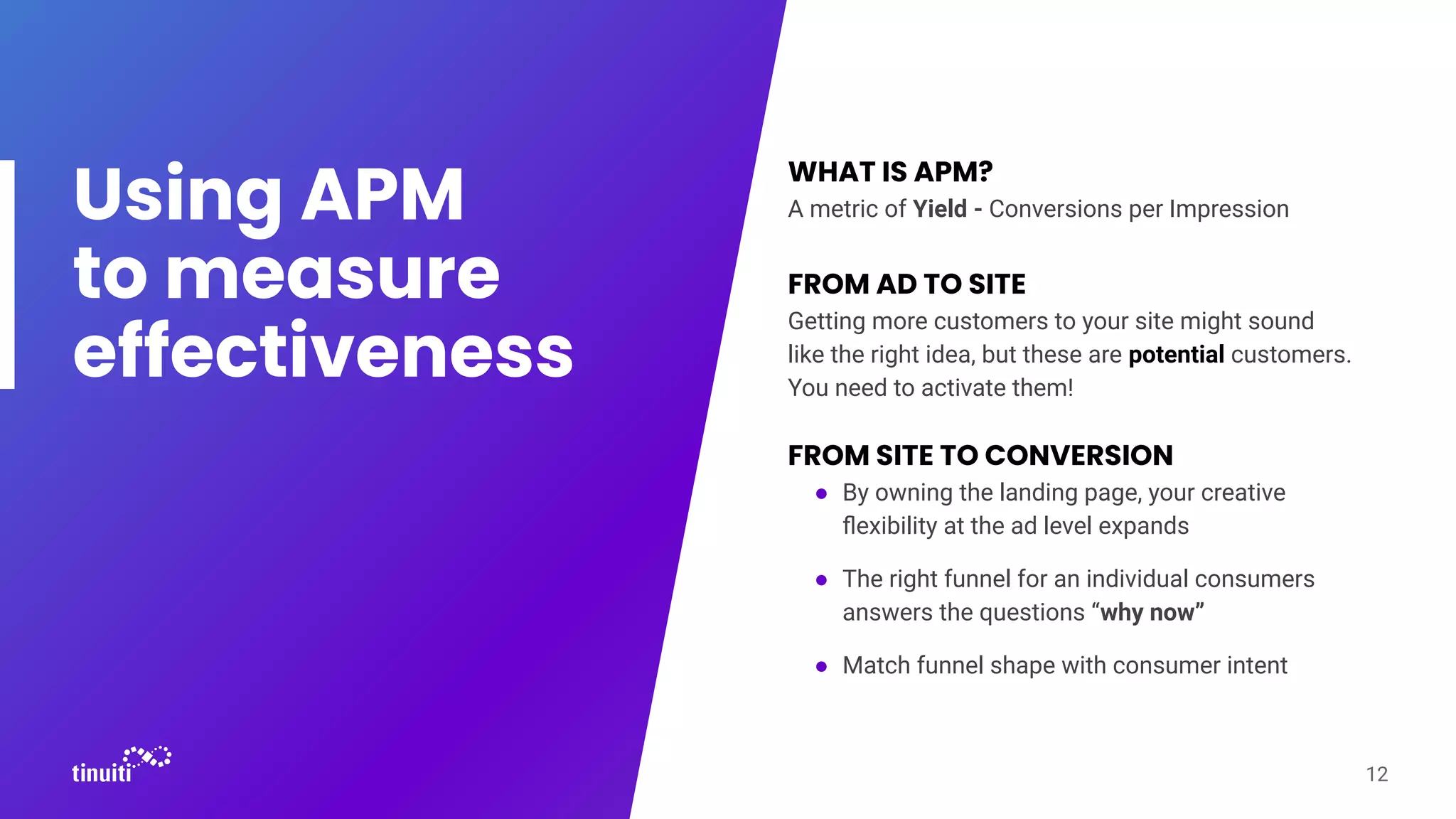 Using APM
to measure
effectiveness
WHAT IS APM?
A metric of Yield - Conversions per Impression
FROM AD TO SITE
Getting more customers to your site might sound
like the right idea, but these are potential customers.
You need to activate them!
FROM SITE TO CONVERSION
● By owning the landing page, your creative
ﬂexibility at the ad level expands
● The right funnel for an individual consumers
answers the questions “why now”
● Match funnel shape with consumer intent
12
 