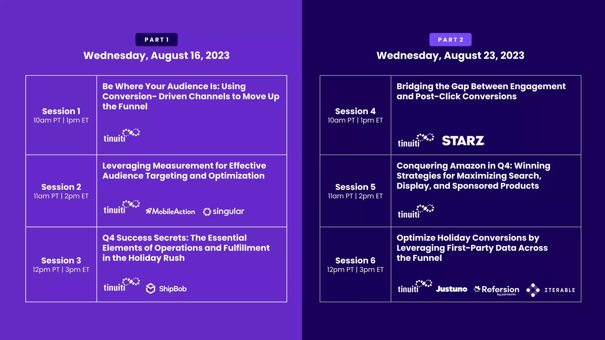 Session 1
10am PT | 1pm ET
Be Where Your Audience Is: Using
Conversion- Driven Channels to Move Up
the Funnel
Session 2
11am PT | 2pm ET
Leveraging Measurement for Effective
Audience Targeting and Optimization
Session 3
12pm PT | 3pm ET
Q4 Success Secrets: The Essential
Elements of Operations and Fulfillment
in the Holiday Rush
Session 4
10am PT | 1pm ET
Bridging the Gap Between Engagement
and Post-Click Conversions
Session 5
11am PT | 2pm ET
Conquering Amazon in Q4: Winning
Strategies for Maximizing Search,
Display, and Sponsored Products
Session 6
12pm PT | 3pm ET
Optimize Holiday Conversions by
Leveraging First-Party Data Across
the Funnel
Wednesday, August 16, 2023 Wednesday, August 23, 2023
P A R T 1 P A R T 2
 