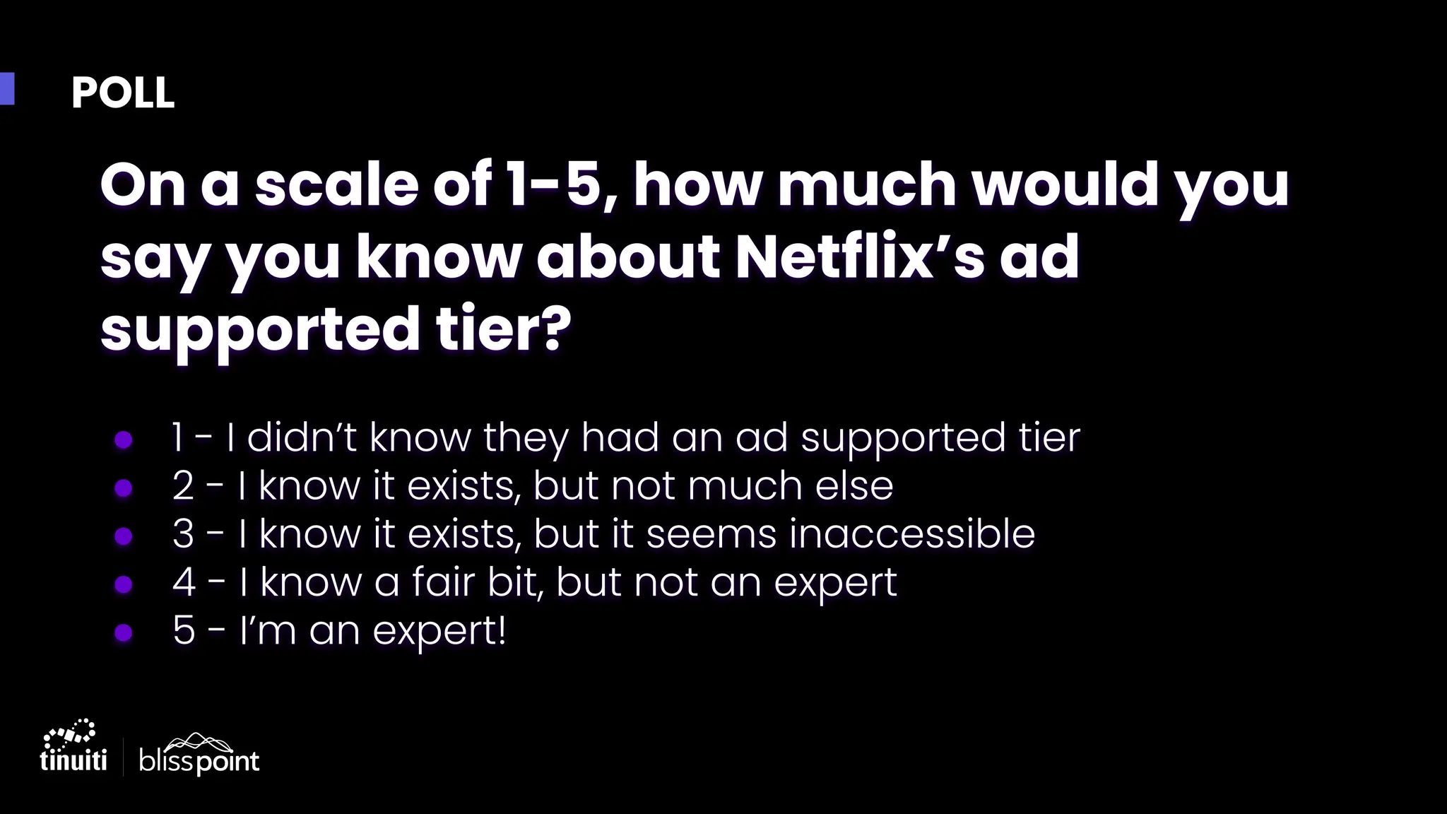 POLL
On a scale of 1-5, how much would you
say you know about Netflix’s ad
supported tier?
● 1 - I didn’t know they had an ad supported tier
● 2 - I know it exists, but not much else
● 3 - I know it exists, but it seems inaccessible
● 4 - I know a fair bit, but not an expert
● 5 - I’m an expert!
 