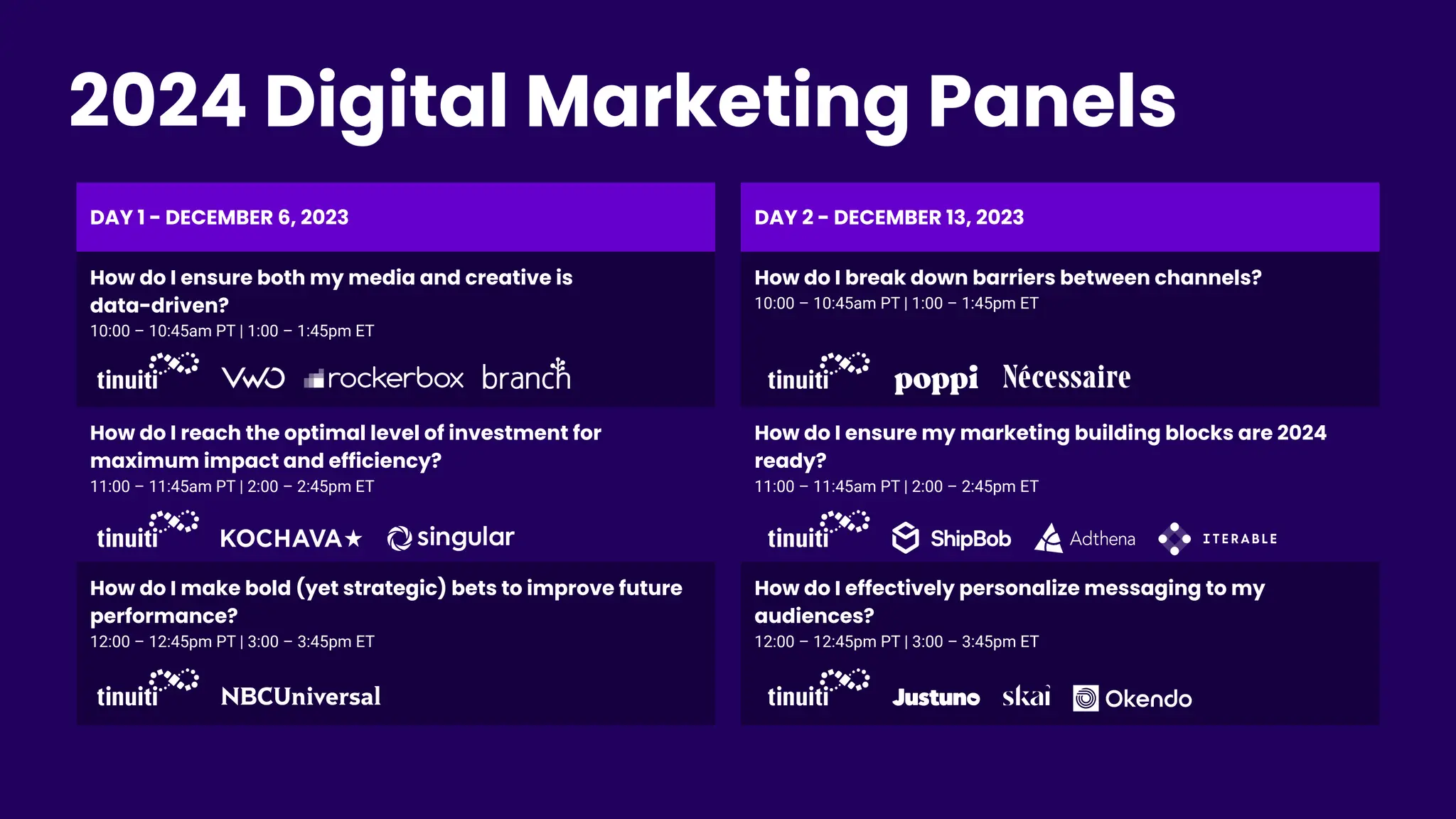DAY 1 - DECEMBER 6, 2023
How do I ensure both my media and creative is
data-driven?
10:00 – 10:45am PT | 1:00 – 1:45pm ET
How do I reach the optimal level of investment for
maximum impact and efficiency?
11:00 – 11:45am PT | 2:00 – 2:45pm ET
How do I make bold (yet strategic) bets to improve future
performance?
12:00 – 12:45pm PT | 3:00 – 3:45pm ET
DAY 2 - DECEMBER 13, 2023
How do I break down barriers between channels?
10:00 – 10:45am PT | 1:00 – 1:45pm ET
How do I ensure my marketing building blocks are 2024
ready?
11:00 – 11:45am PT | 2:00 – 2:45pm ET
How do I effectively personalize messaging to my
audiences?
12:00 – 12:45pm PT | 3:00 – 3:45pm ET
2024 Digital Marketing Panels
 