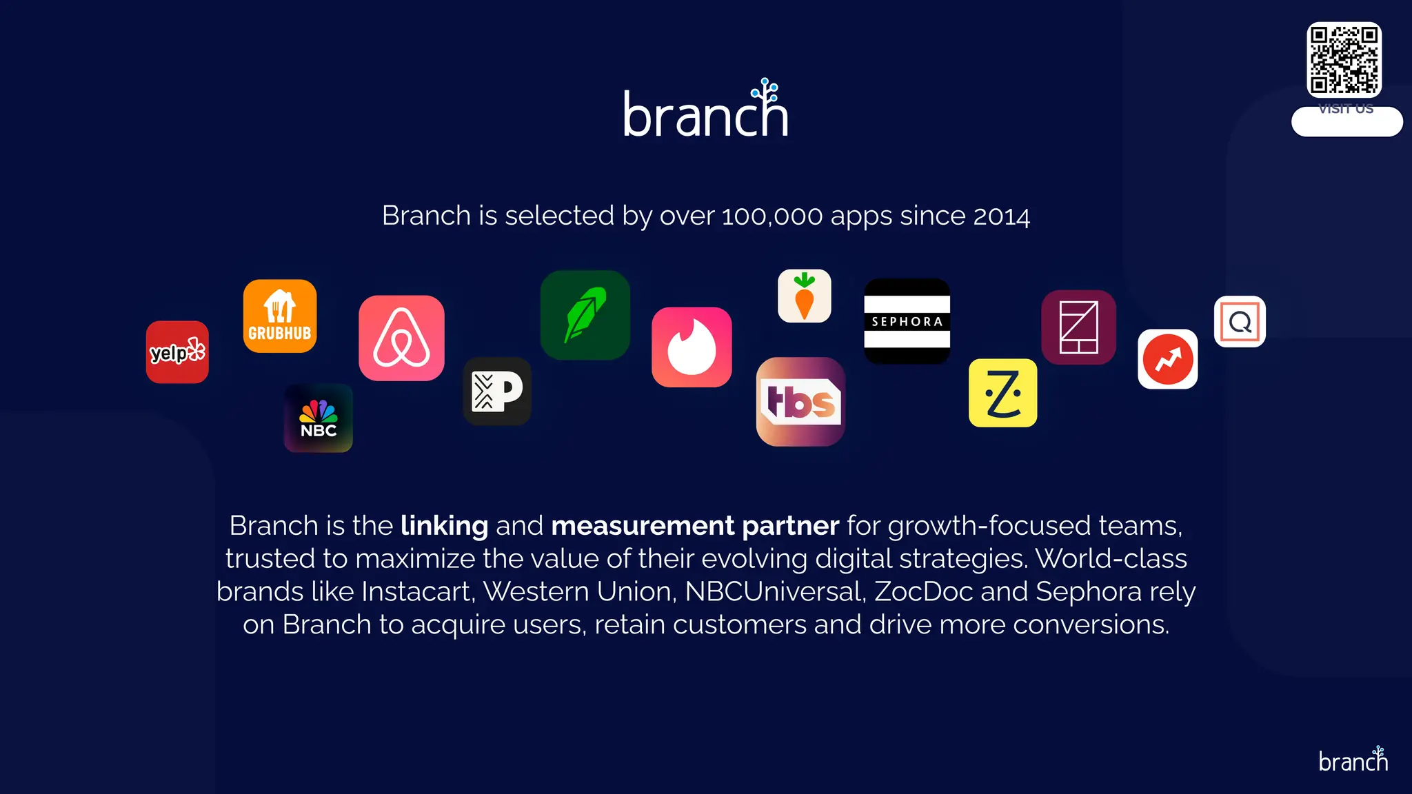 Branch is the linking and measurement partner for growth-focused teams,
trusted to maximize the value of their evolving digital strategies. World-class
brands like Instacart, Western Union, NBCUniversal, ZocDoc and Sephora rely
on Branch to acquire users, retain customers and drive more conversions.
Branch is selected by over 100,000 apps since 2014
VISIT US
 